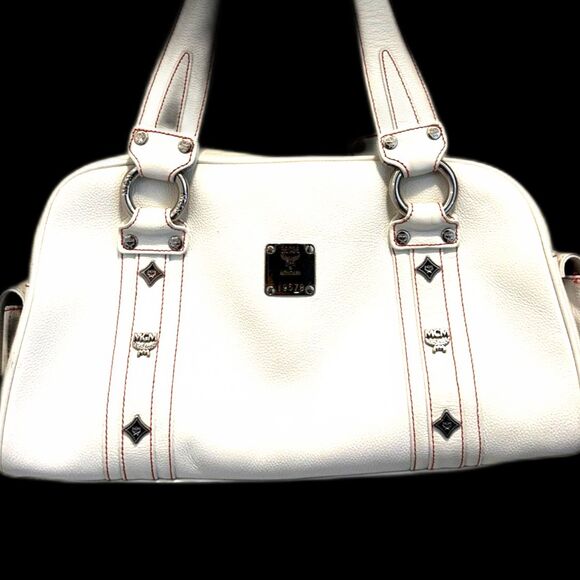 MCM White Leather Satchel with Silver Hardware and Red Stitching - FIRE!!! - Picture 1 of 12